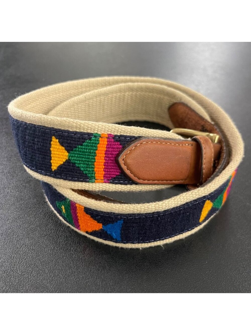 Orvis Mens Needlepoint Belt Size 36 Leather Brass Fish Golf Preppy Coastal Golf